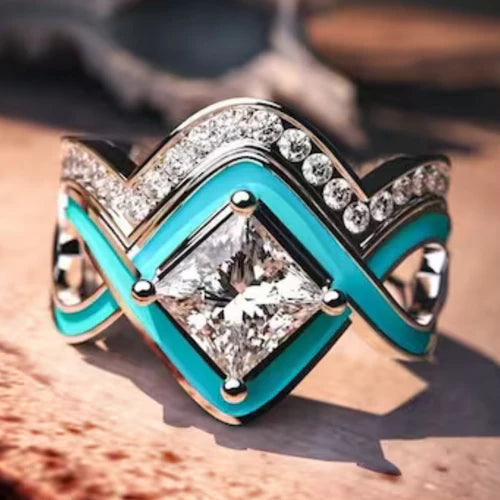 Turquoise Ocean Wave Ring | 2-Piece Ring With Zircon